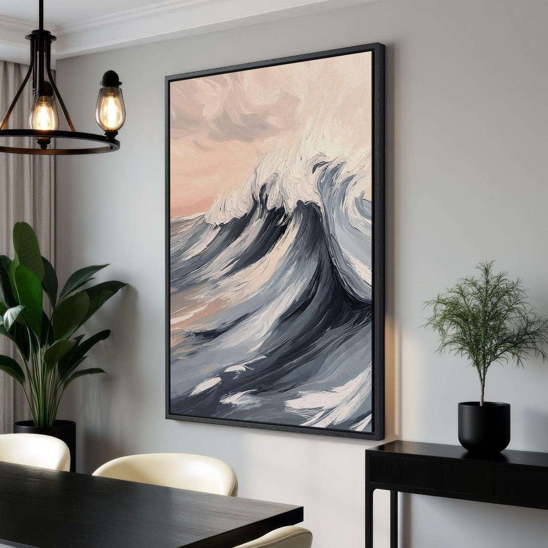 Framed Wall Art: Abstract wave art in a modern style. Features a calming color palette of blue, gray, and blush pink. Elevate your space with this beautiful canvas print.
