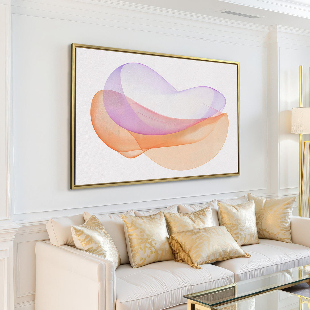 Abstract Canvas Print in a modern living room. Features flowing shapes in orange and purple hues. Perfect wall art for a minimalist space.