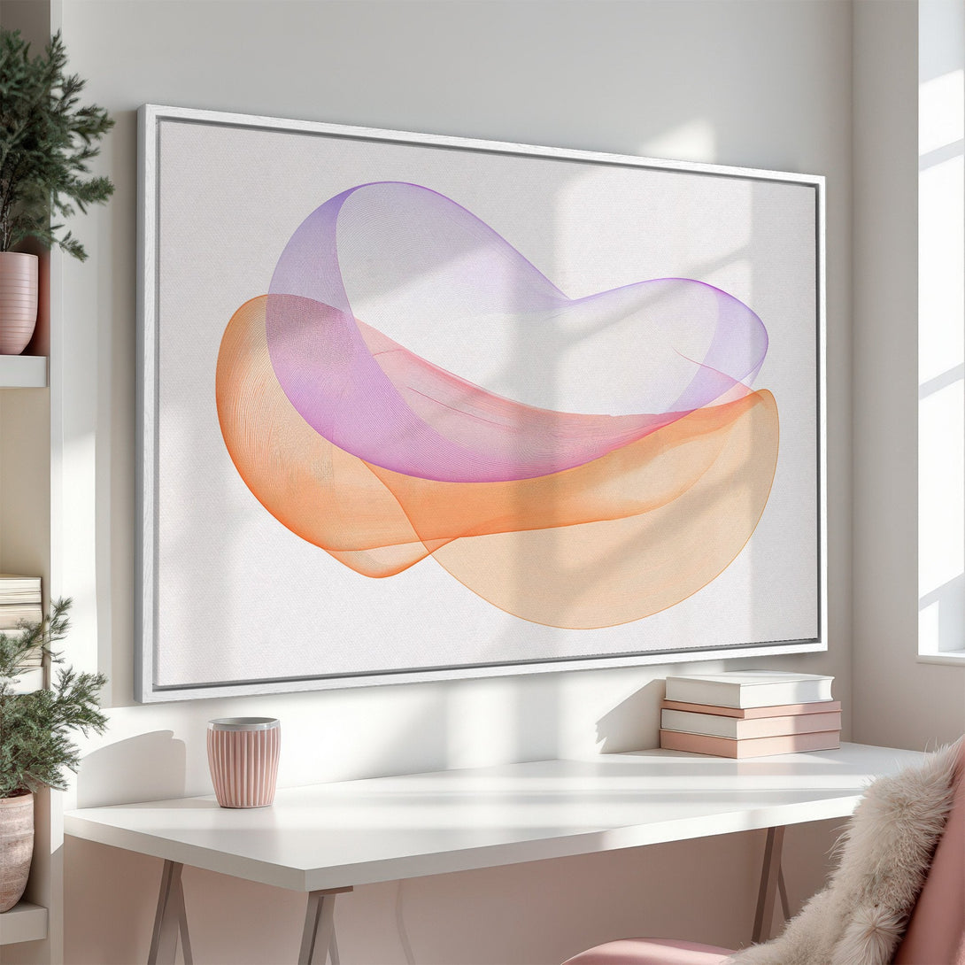 Framed Wall Art: Abstract art Canvas Print in a modern interior. Features flowing lines in orange and purple hues. Perfect for adding a touch of elegance.