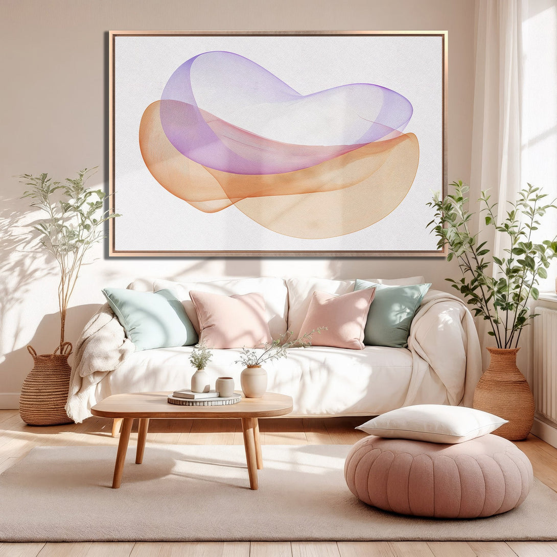 Framed Wall Art: Abstract watercolor art in purple and orange hues, displayed in a modern living room. Enhance your space with this stylish canvas print!