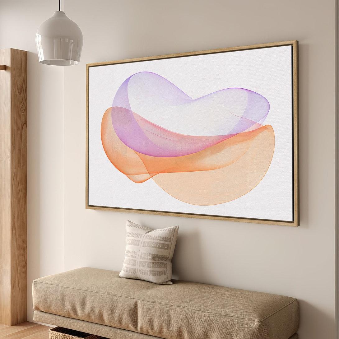 Framed Wall Art: Abstract art canvas print with flowing lines in orange and purple hues. Modern art for home decor.