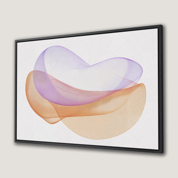 Framed Wall Art featuring abstract flowing shapes in purple, orange, and pink hues. Modern canvas print for a stylish home.