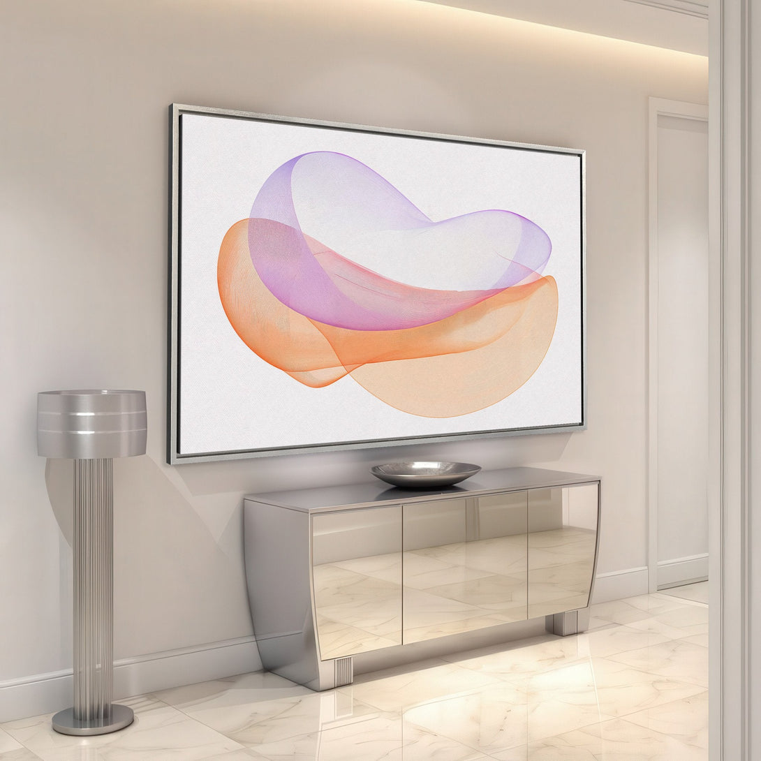 Framed Wall Art: Abstract art canvas print with flowing orange and purple shapes. Modern art for home decor, adds a pop of color to any room.