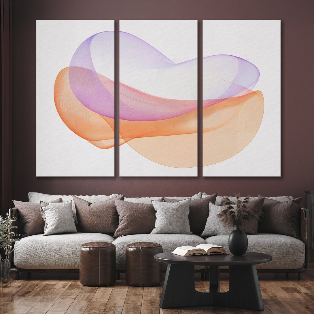 Abstract Canvas Print art in a modern interior. Features flowing lines in orange and purple hues, perfect for adding a pop of color.