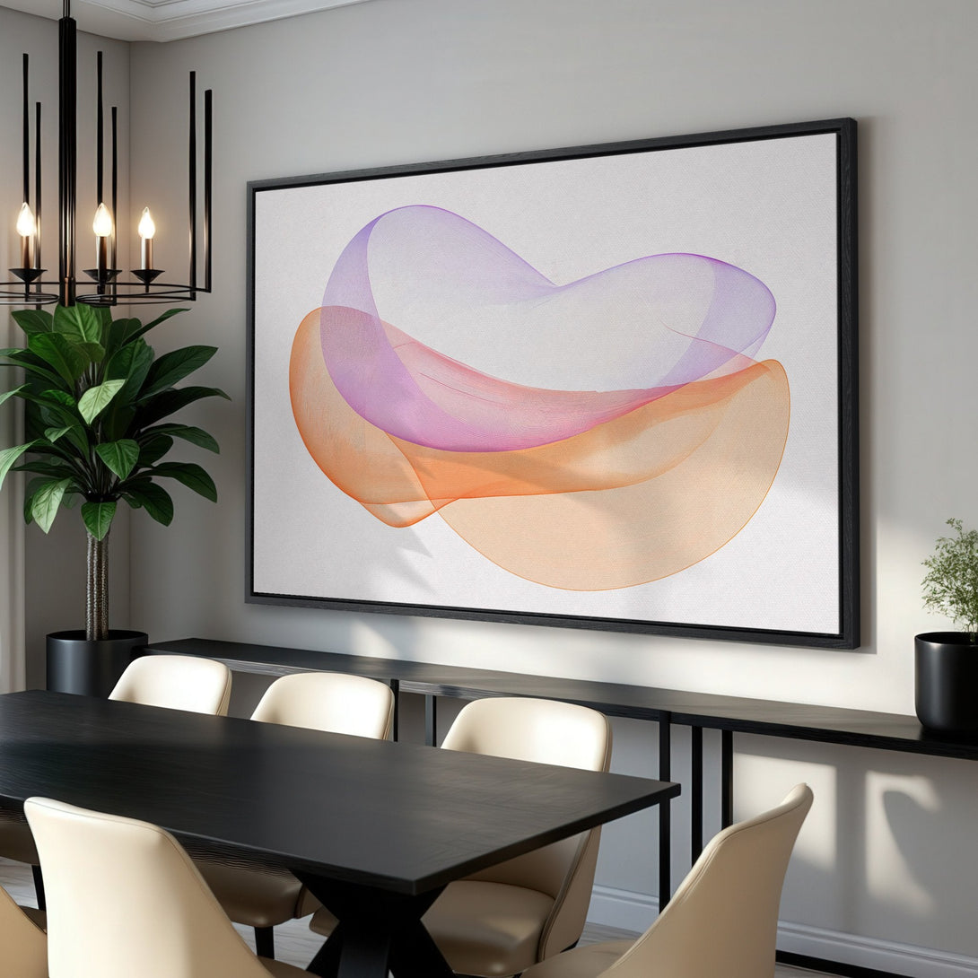 Framed Wall Art featuring abstract flowing shapes in purple and orange hues. Modern Canvas Print for dining room decor.