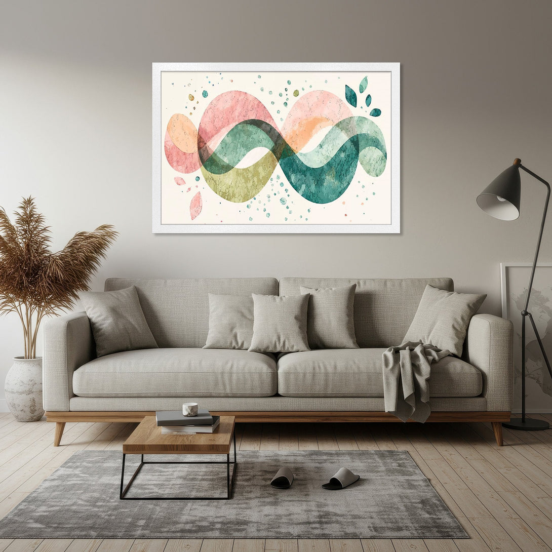 Framed Poster featuring abstract watercolor art in pastel pink, green, and teal. Modern art print perfect for home decor.
