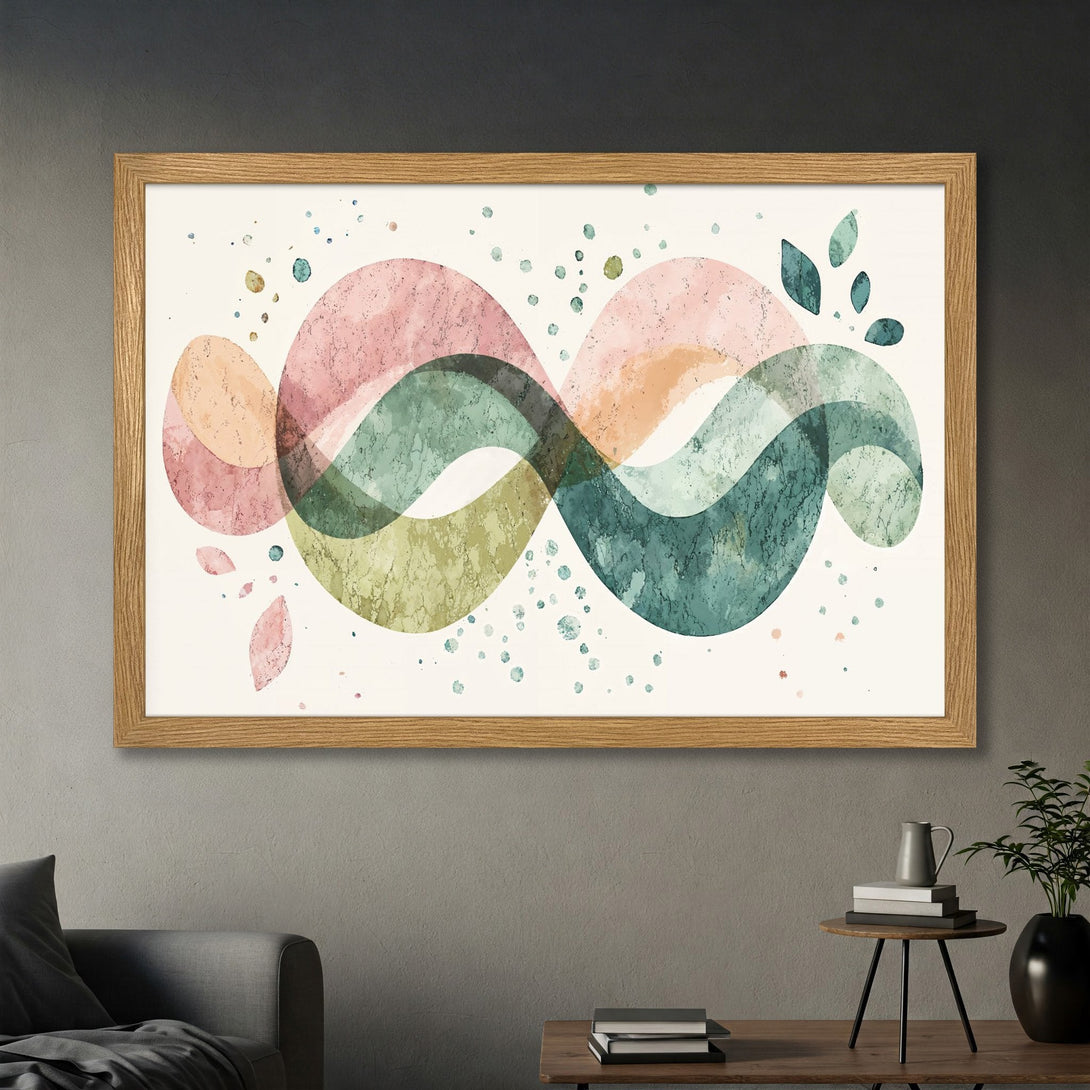 Framed Poster featuring abstract watercolor art in pink, green, and beige hues. Modern art print for home decor.