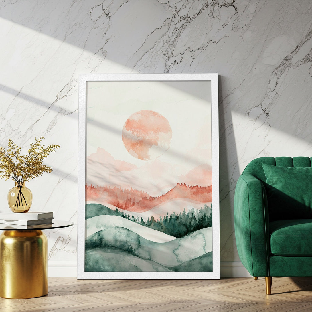 Framed Poster featuring a watercolor landscape in a calming palette of pink, green, and white. Perfect wall art for your home!