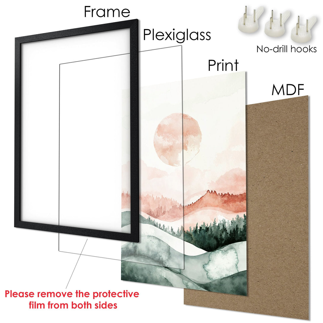 Framed Poster featuring a watercolor landscape in a muted pink and green palette. Perfect wall art for any space!