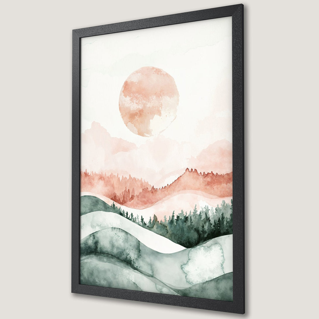 Framed Poster of watercolor landscape with sun, in a soft pink and green color palette. Perfect for home decor.