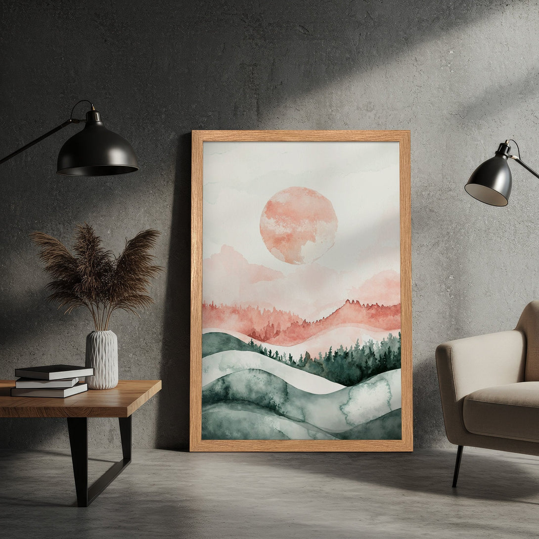 Framed Poster featuring a watercolor landscape with a sunset. Soft pinks, greens, and earth tones create a serene, artistic vibe for your home decor.