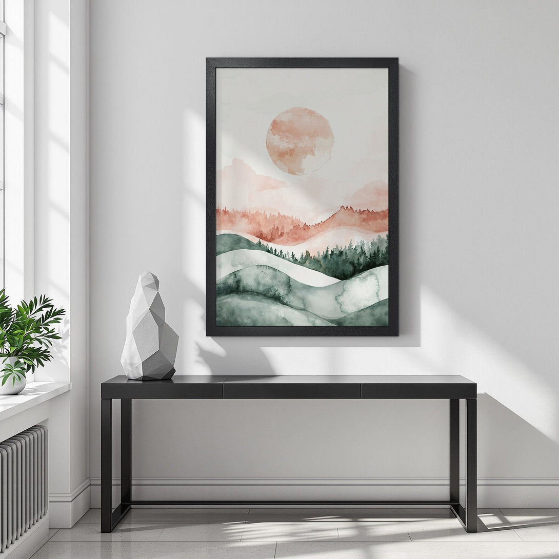 Framed Poster featuring a watercolor landscape with a warm color palette. Perfect wall art for a modern home.