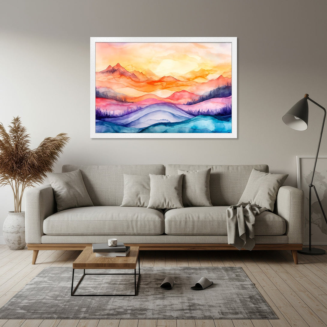Framed Poster featuring watercolor mountains in vibrant orange, purple, and blue hues. Perfect wall art for a modern home!