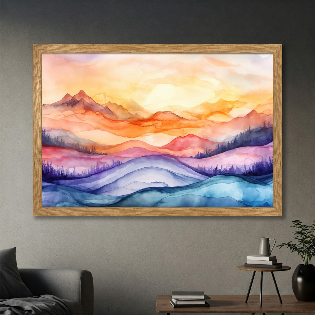 Framed Poster of watercolor mountains in warm orange, red, and blue hues. Abstract art print for wall decor.