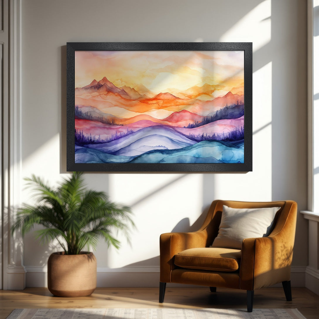 Framed Poster of abstract watercolor mountain landscape in warm orange, purple, and blue hues. Modern art for your home.