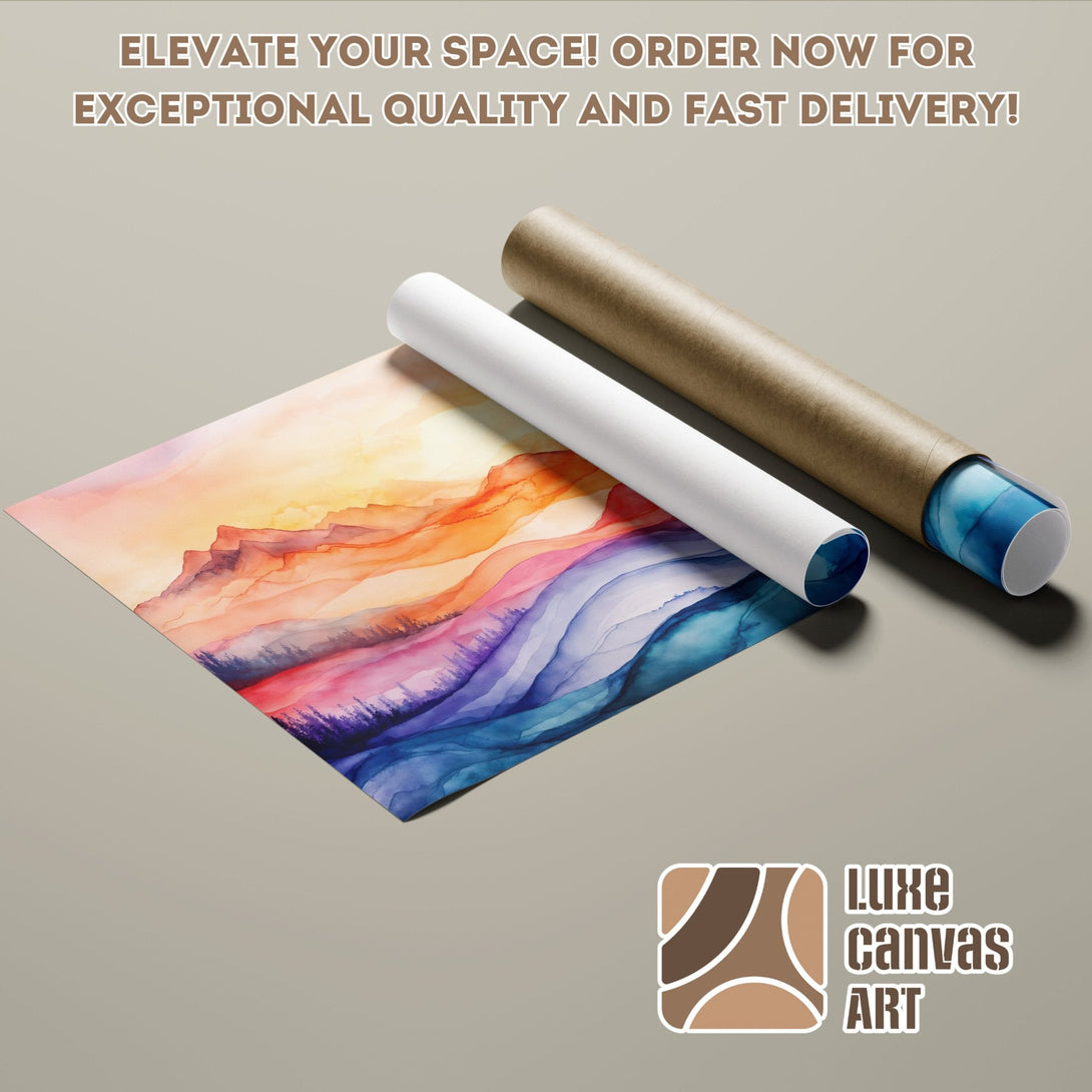Poster Roll featuring a watercolor landscape in warm, vibrant colors. Perfect art for any space!