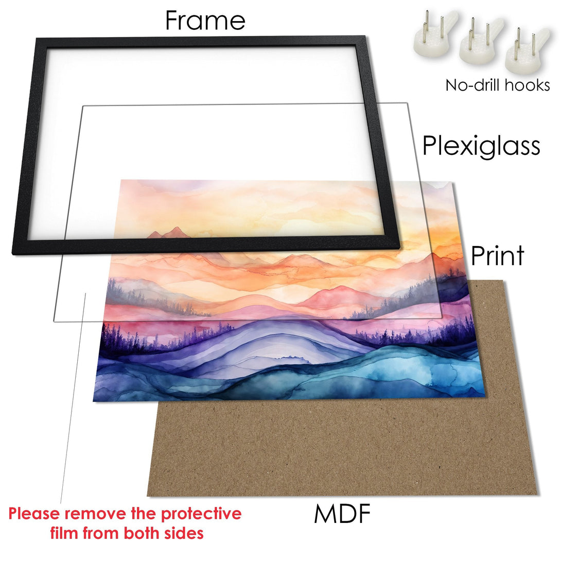 Framed Poster of watercolor landscape art. Featuring mountains in a vibrant palette of blues, oranges, and purples. Perfect wall decor!