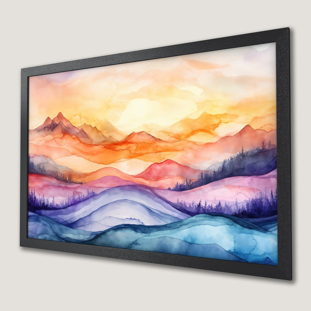 Framed Poster: Watercolor landscape art print in warm orange, pink, and blue tones. Perfect wall decor!