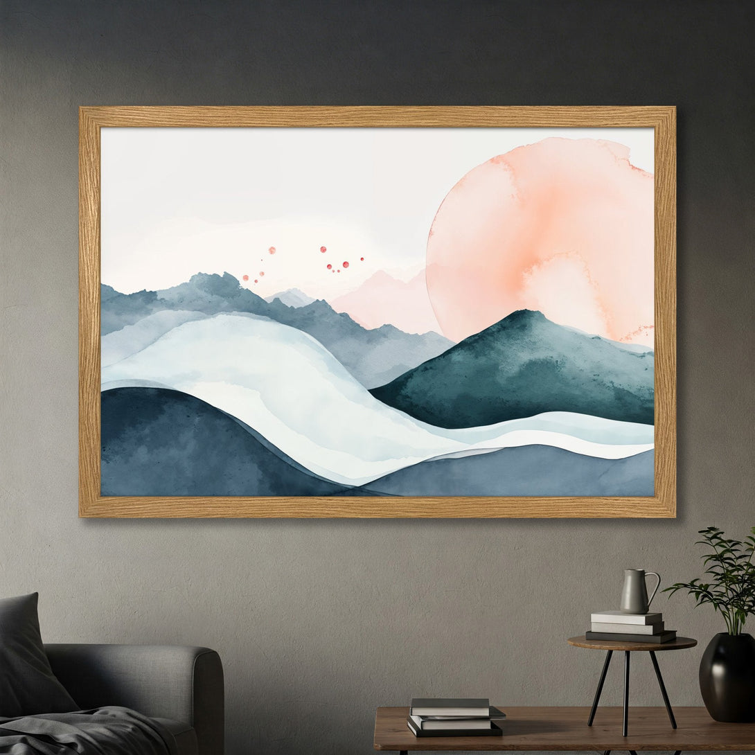 Framed Poster: Watercolor mountain landscape art print with blue, teal, and peach color palette. Perfect wall decor for any room.