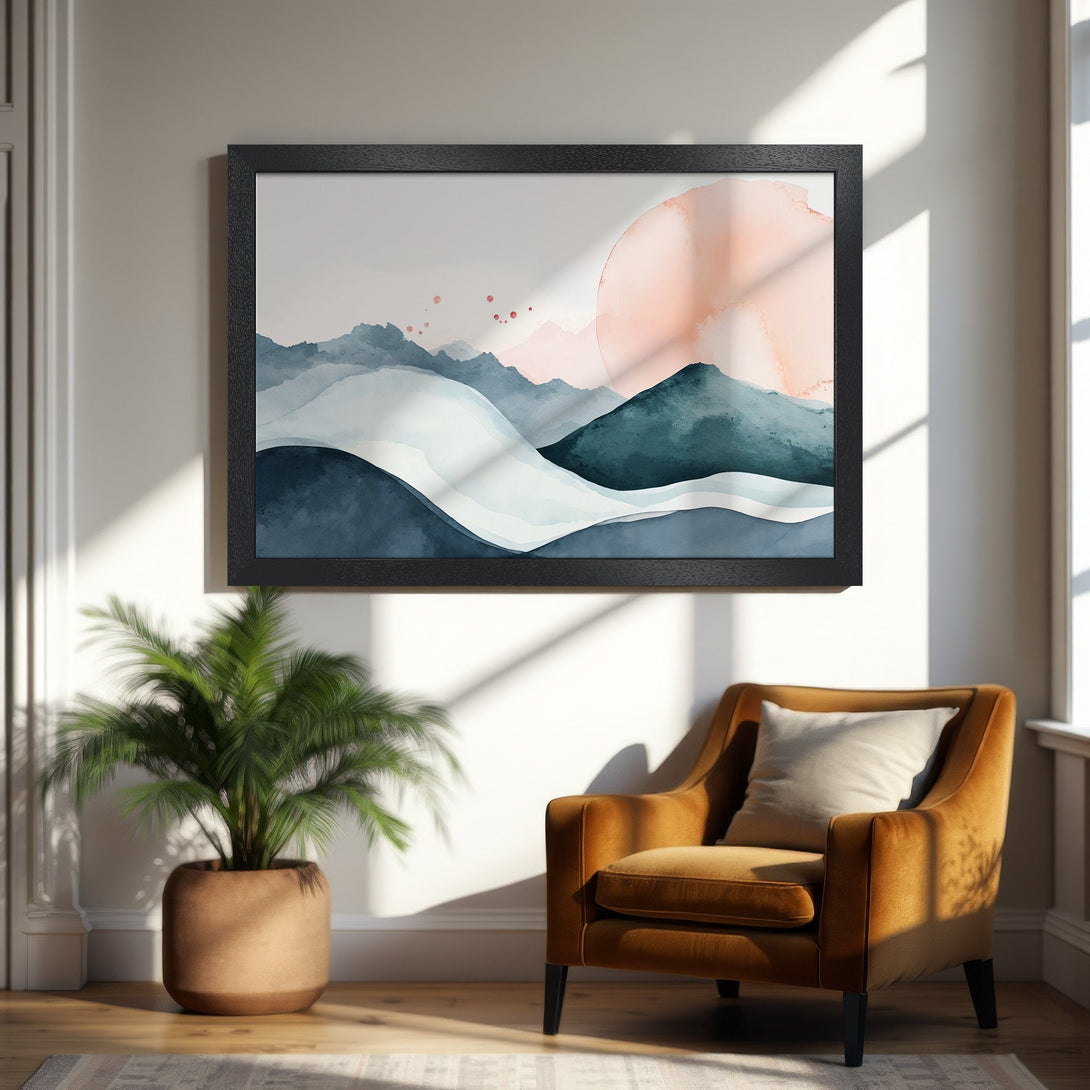 Framed Poster featuring watercolor mountain landscape art in blue, teal, and peach tones. Perfect wall decor!