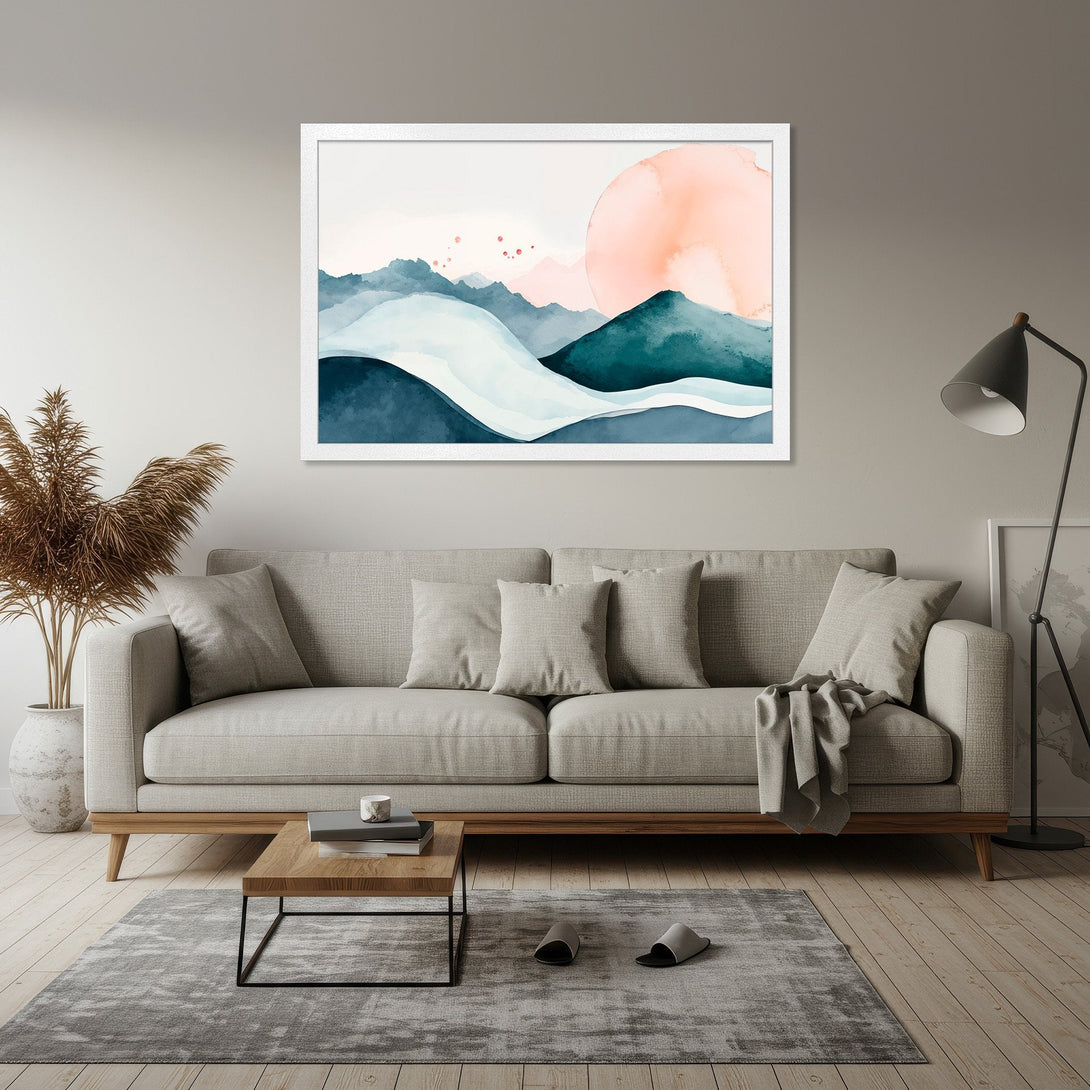 Framed Poster of watercolor mountains with a pink sun. Serene art in blue, teal, and coral tones. Add a touch of zen to your space!