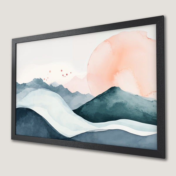 Framed Poster featuring watercolor landscape art with mountains, sunset in a teal and peach color palette.