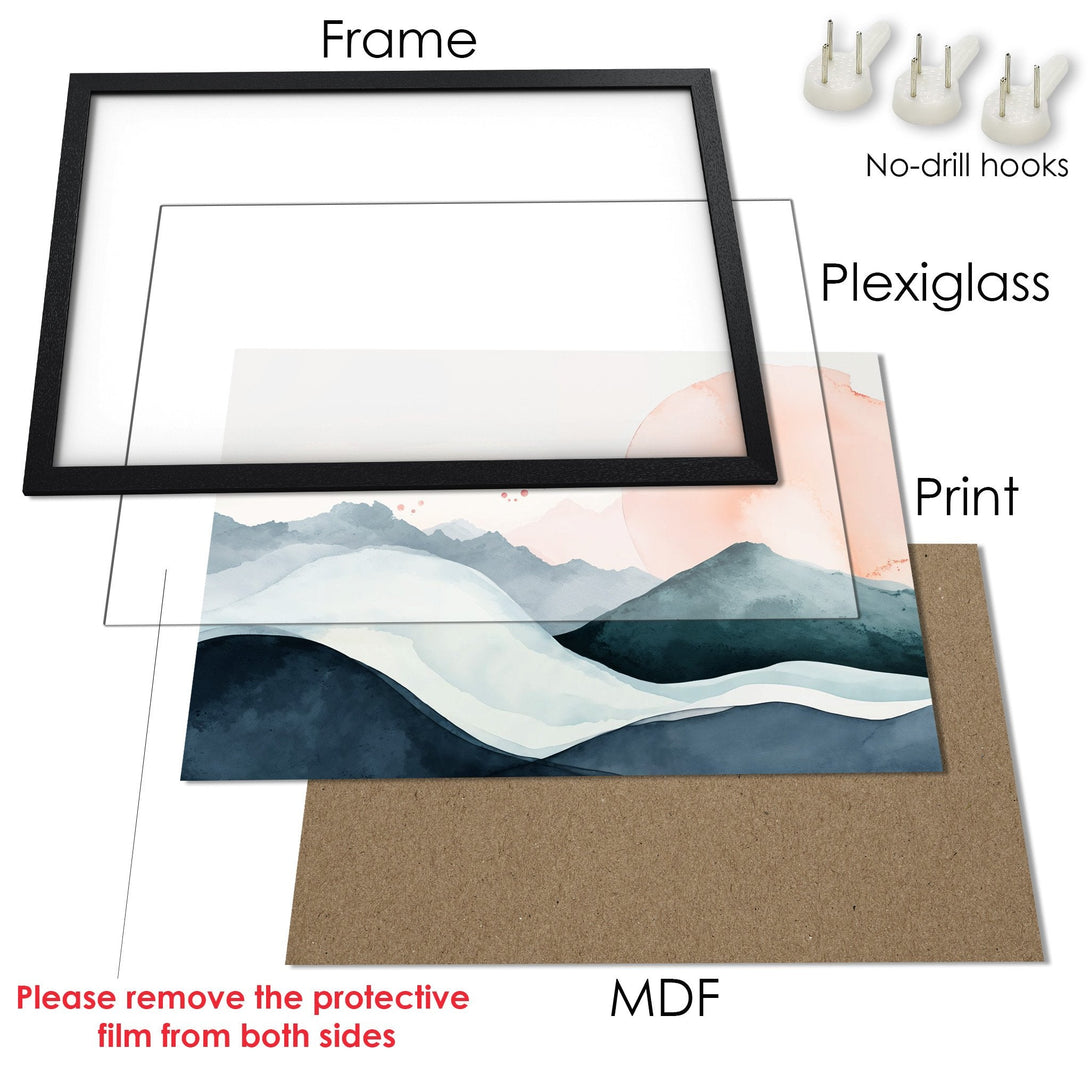 Framed Poster featuring a watercolor landscape in blue, white, and peach tones. Modern art for your home decor!