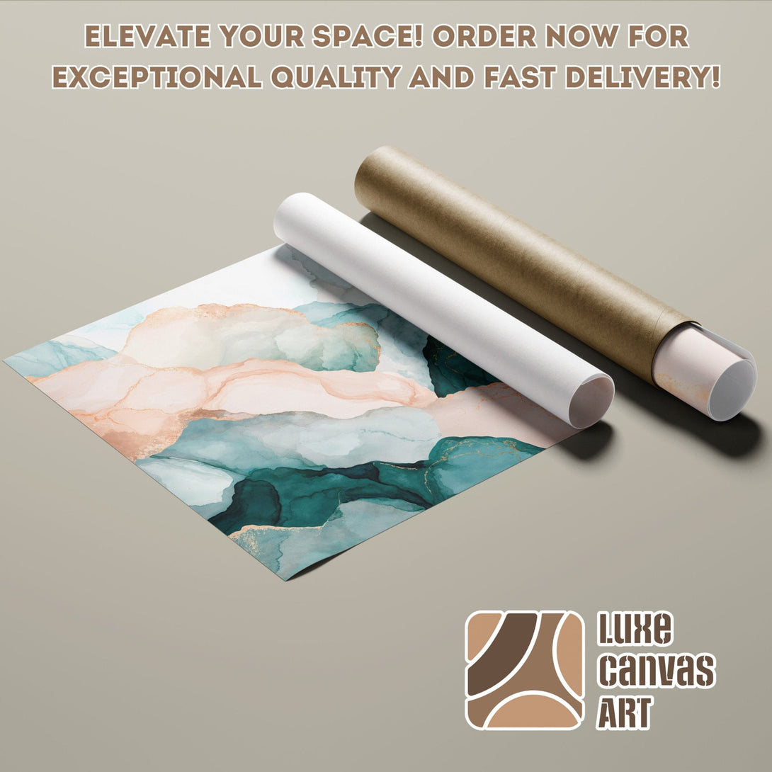 Abstract art Poster Roll in teal, peach & gold. Elevate your space with Luxe Canvas Art!
