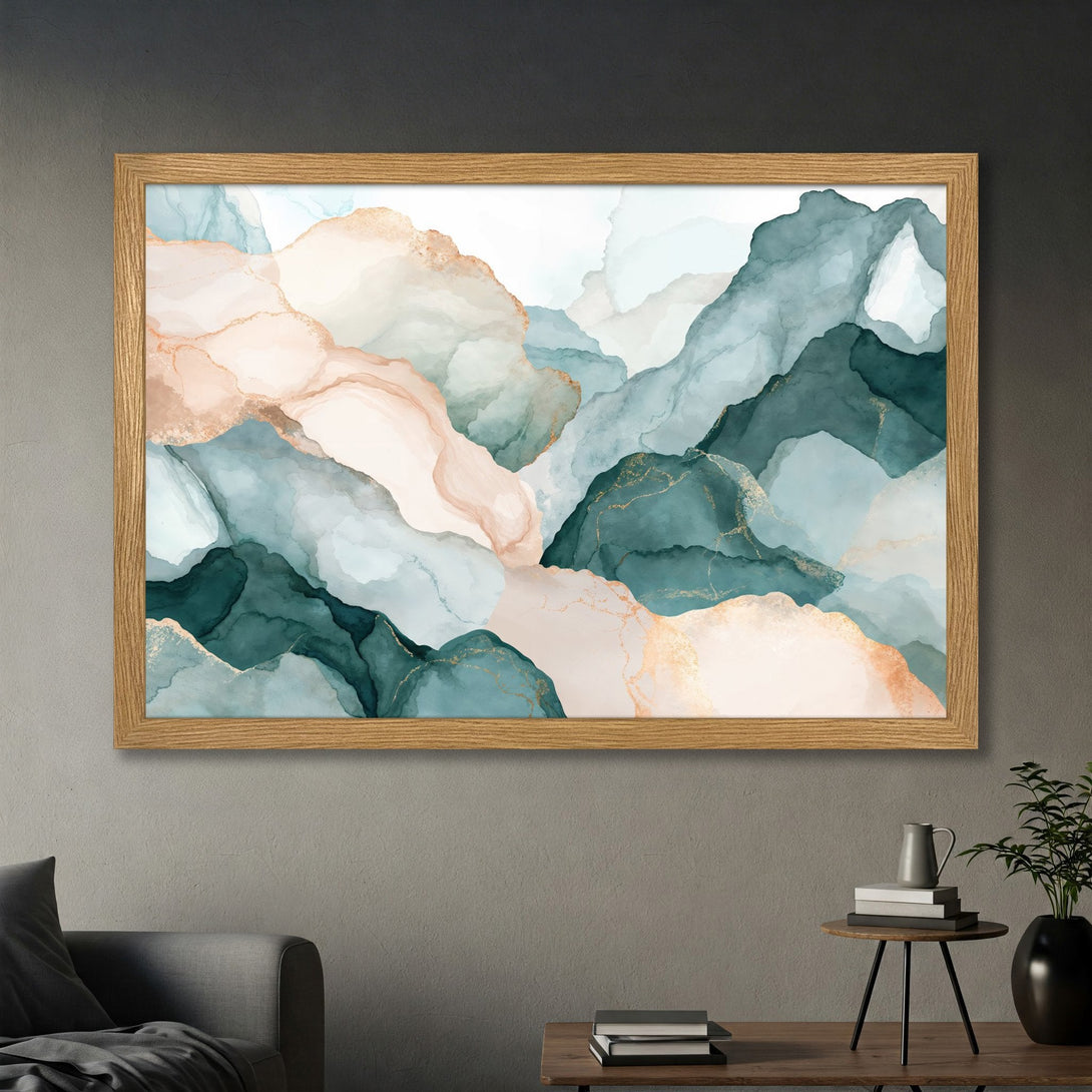 Framed Poster featuring abstract watercolor mountain art in teal, blush, and gold. Modern wall decor for a stylish home.