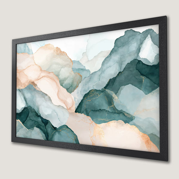 Framed Poster featuring abstract watercolor mountains in teal, blush, and gold. Perfect wall art to elevate your space.
