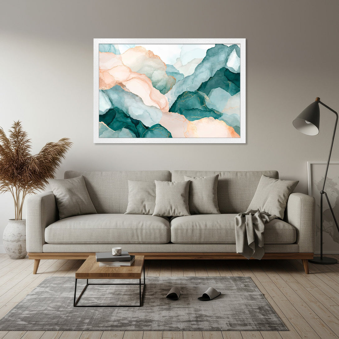 Framed Poster featuring abstract watercolor art in teal, peach, and gold hues. Perfect wall decor for a modern living room.