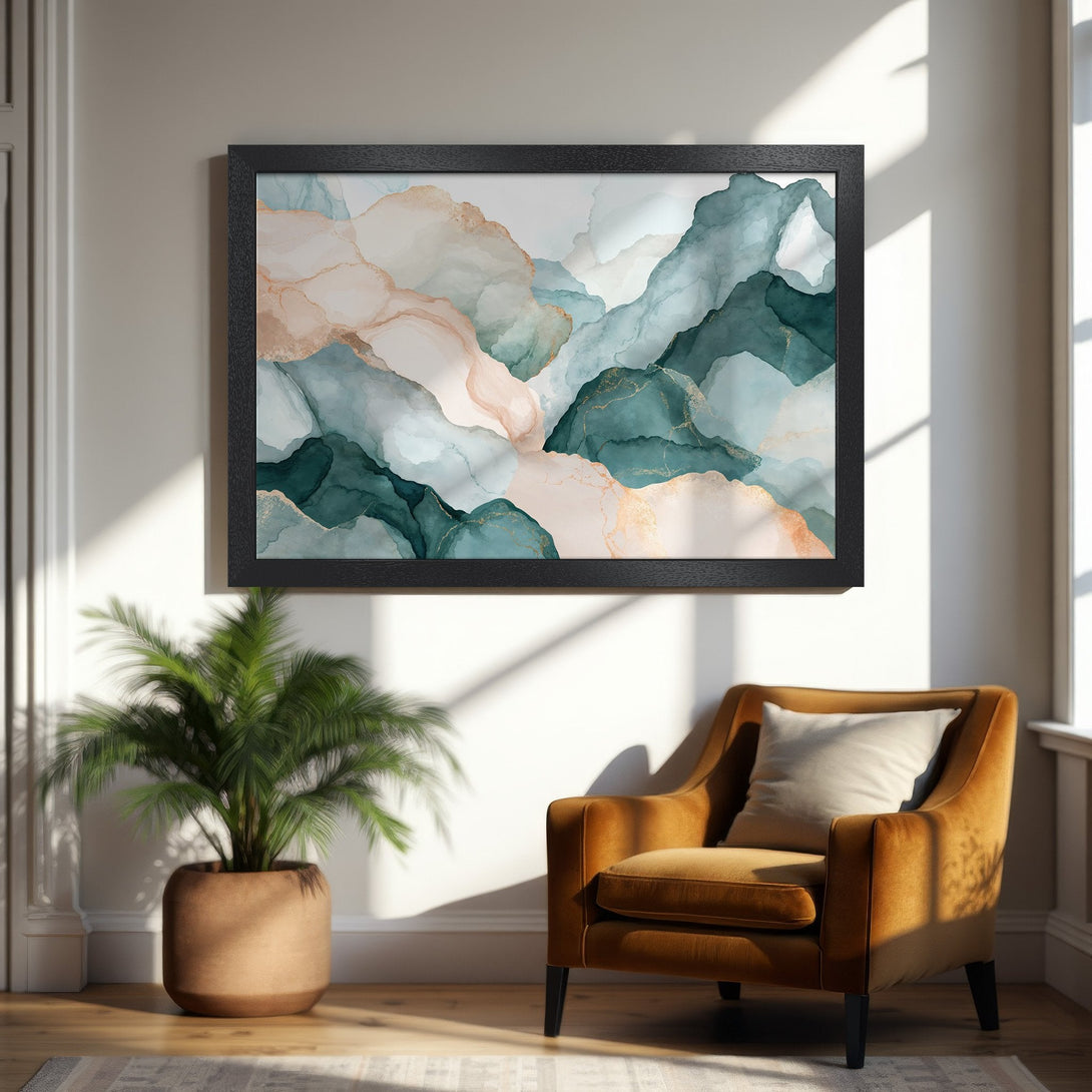 Framed Poster featuring abstract watercolor art in teal, blush, and gold. Modern wall art for home decor.