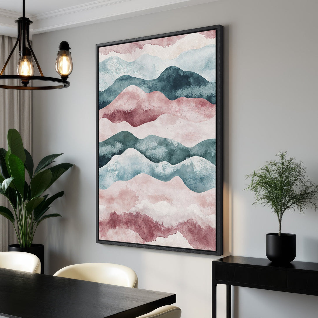 Framed Wall Art featuring abstract watercolor mountains in blush, teal, and burgundy tones. Modern art for your home decor. Canvas Print available.