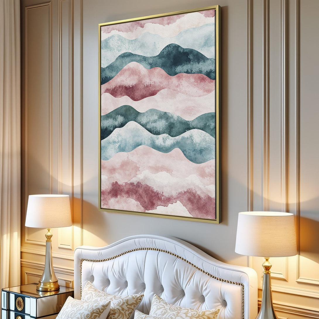 Canvas Print of abstract watercolor mountains in blush pink and teal hues. Modern wall art for a serene living room.