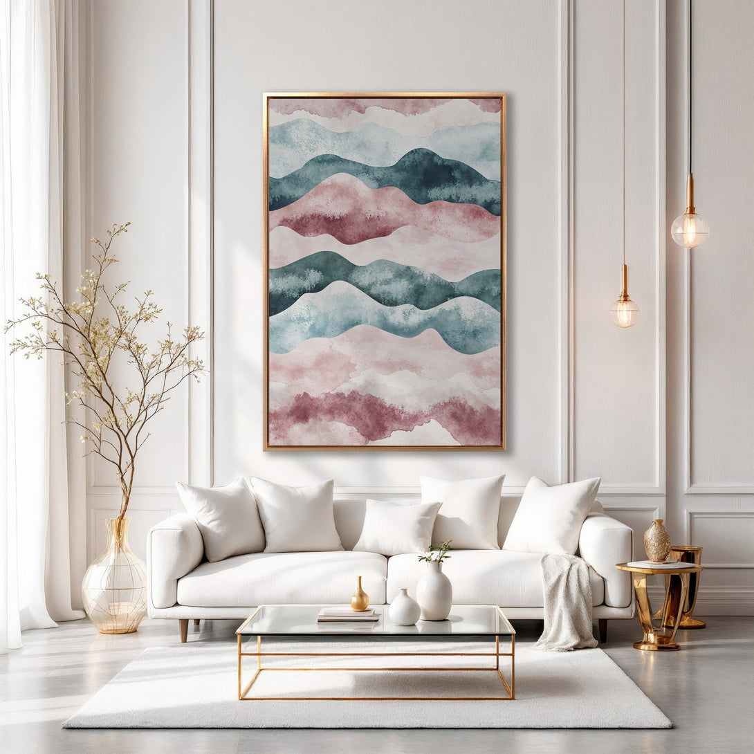 Framed Wall Art featuring abstract watercolor mountains in a modern living room. Soft blush, teal, and burgundy hues create a calming aesthetic. Elevate your space!