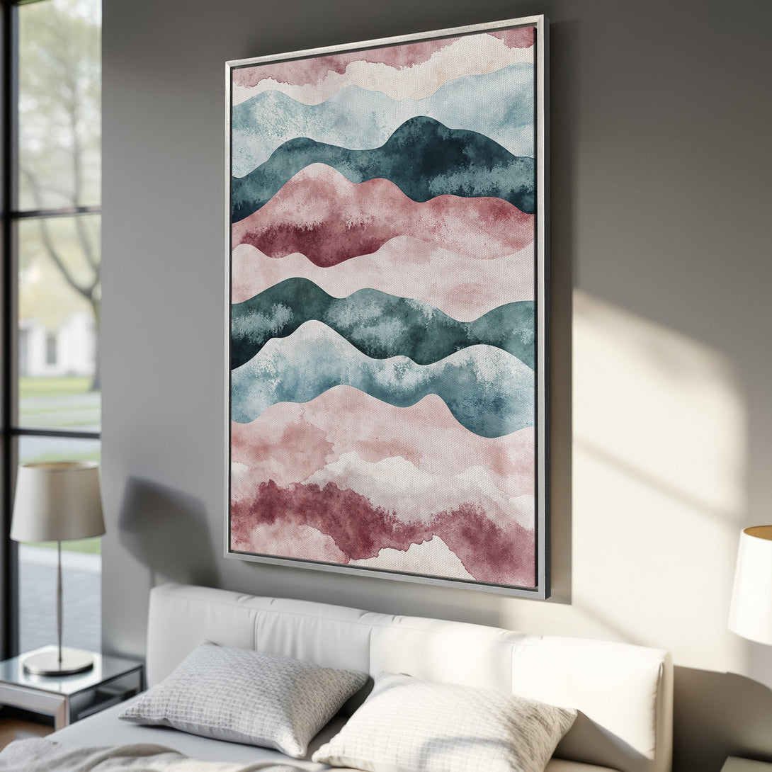 Framed Wall Art: Abstract mountain landscape Canvas Print in watercolor style. Features a calming color palette of teal, blush pink, and burgundy. Perfect for bedroom decor.
