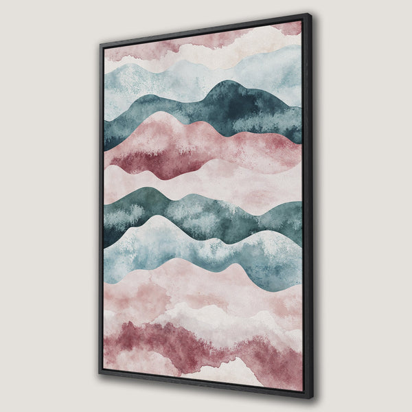 Framed Wall Art: Abstract watercolor mountain landscape in blush, teal, and burgundy. Modern canvas print for a calming, stylish interior.