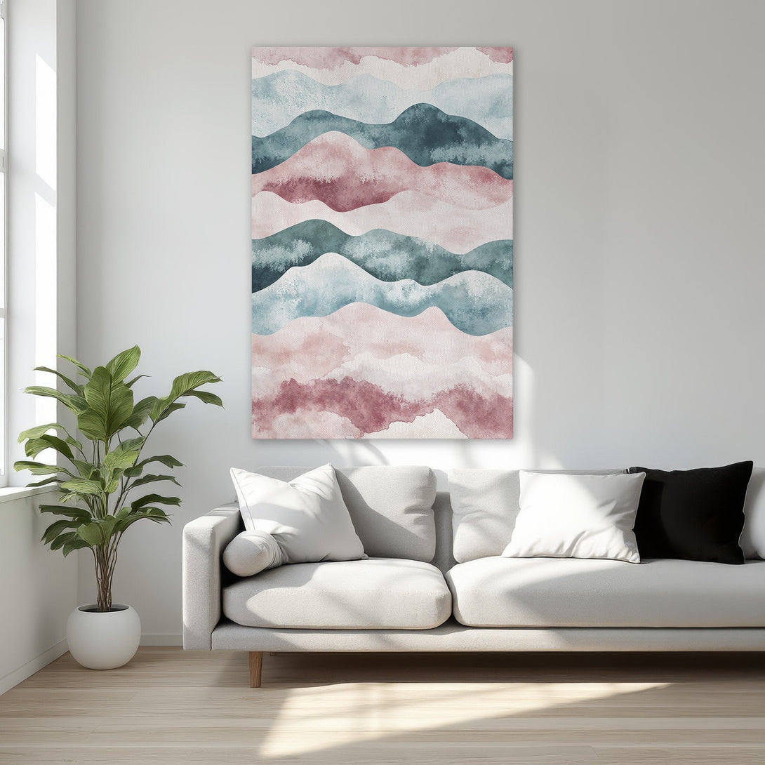 Framed Wall Art featuring watercolor mountain landscape in pink, blue, and green hues. Enhance your bedroom decor with this stylish canvas print.