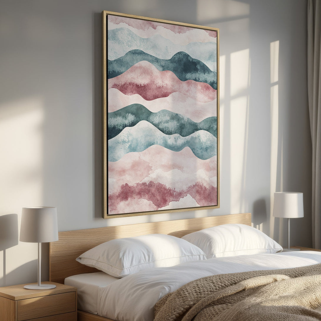 Framed Wall Art featuring abstract watercolor mountains in a calming pink, teal, and burgundy palette, perfect for bedroom decor.
