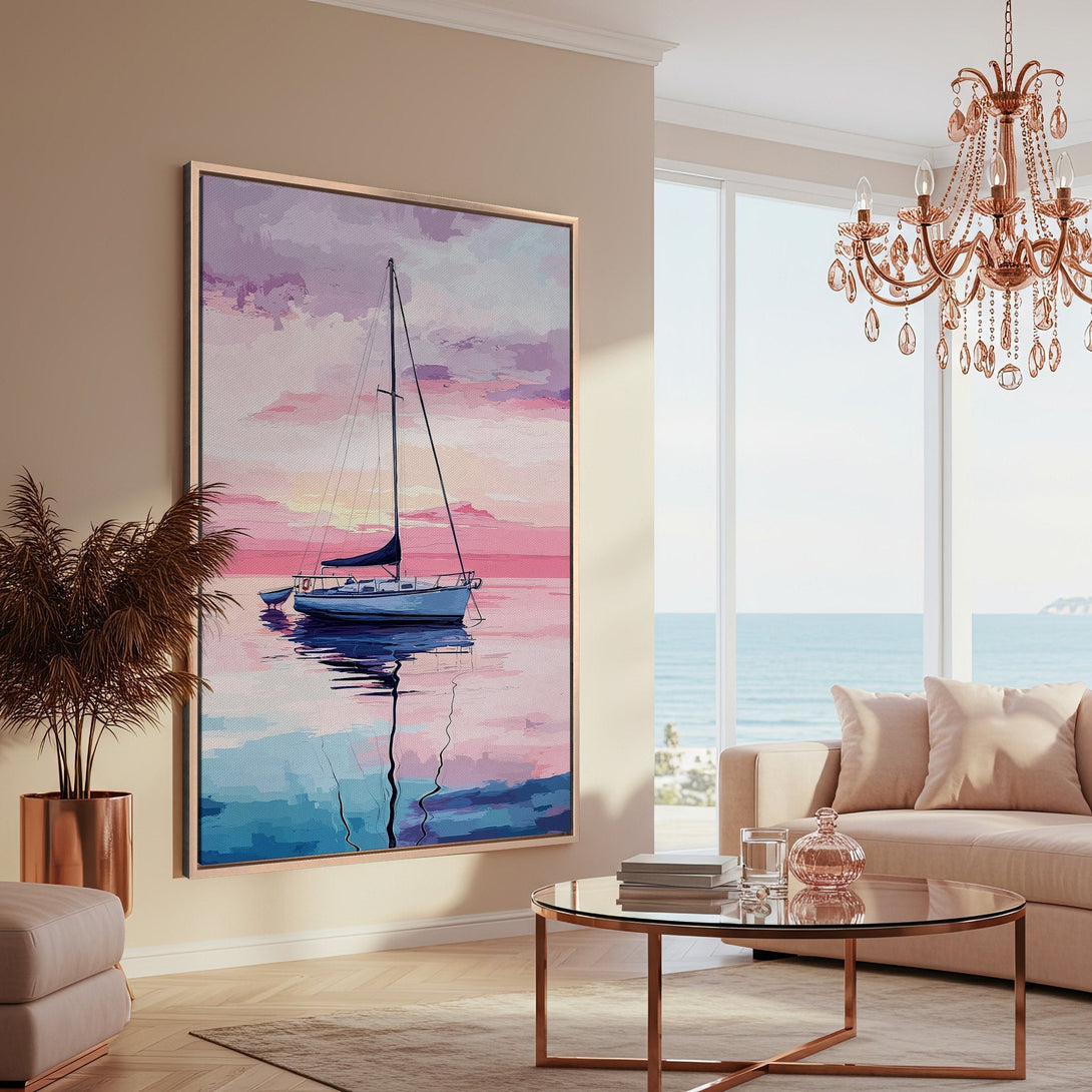 Framed Wall Art: Coastal sailboat scene in a pastel pink and blue color palette. Modern art canvas print adds a touch of serenity to any room.