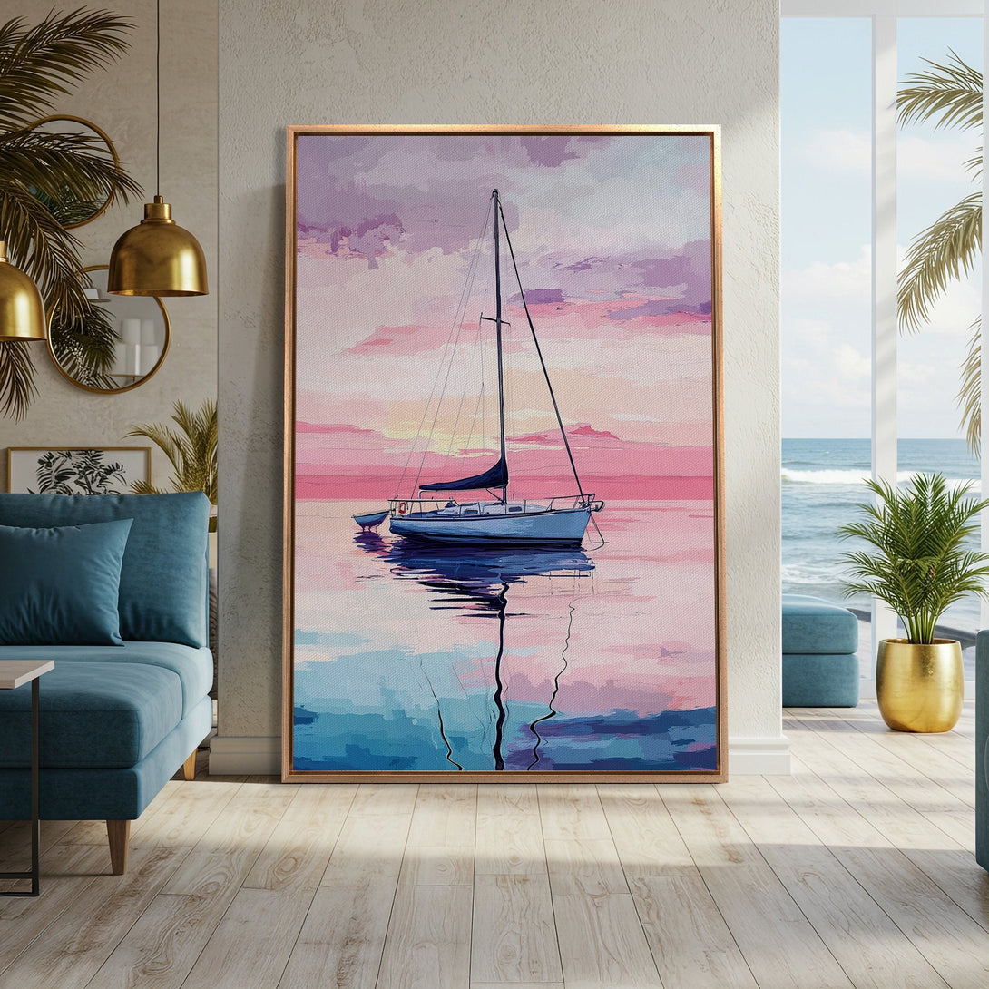 Framed Wall Art: Serene sailboat canvas print with a dreamy pink and blue sunset. Coastal style art perfect for any room.