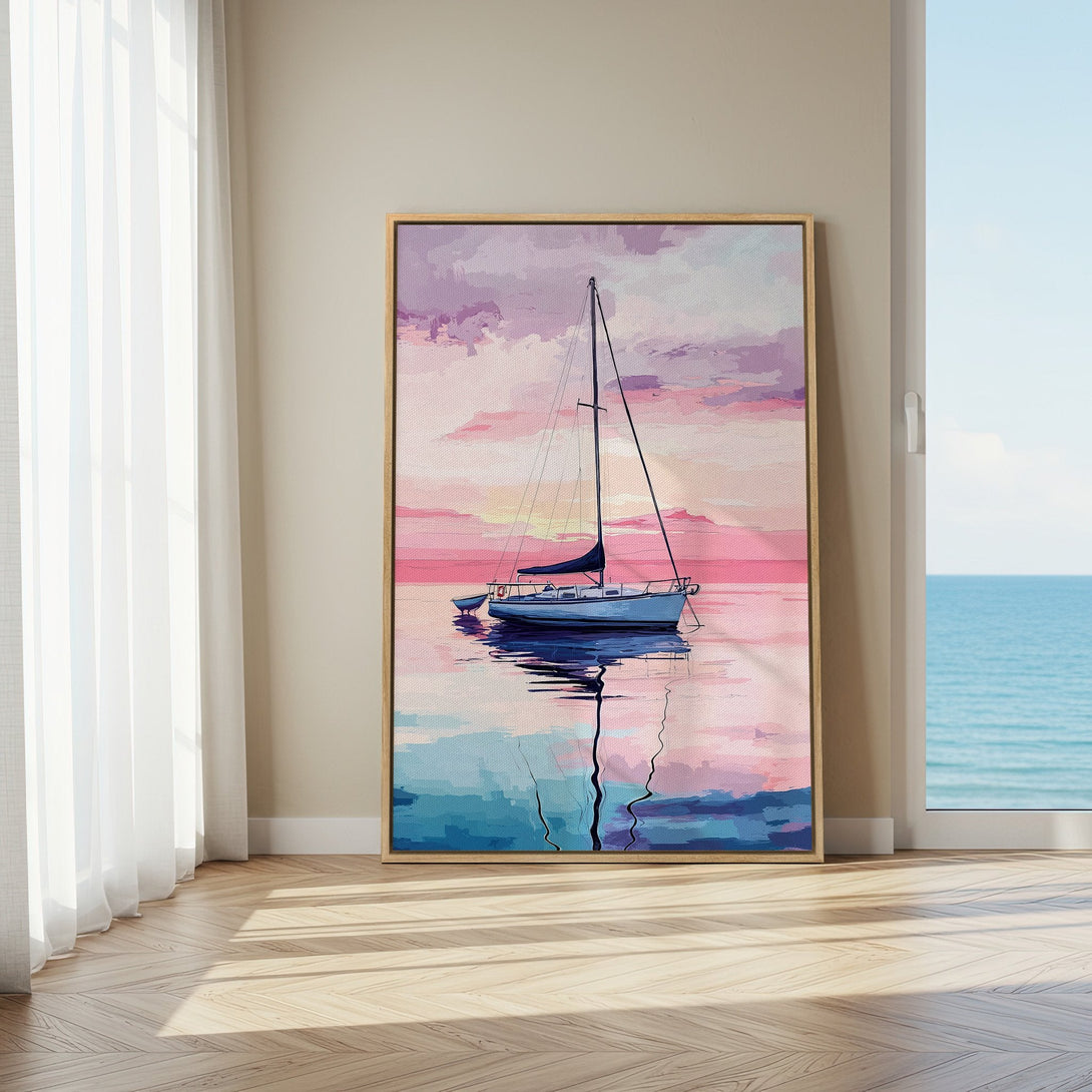 Framed Wall Art: Sailboat painting in pastel pink and blue hues. Coastal artwork for a serene home. Modern canvas print adds a touch of elegance.