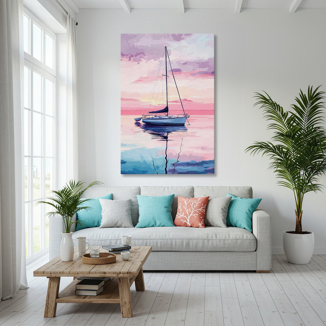 Framed Wall Art: Coastal sailboat painting with pink & blue hues. Perfect for adding a touch of serenity to any space. Shop our Canvas Print collection!