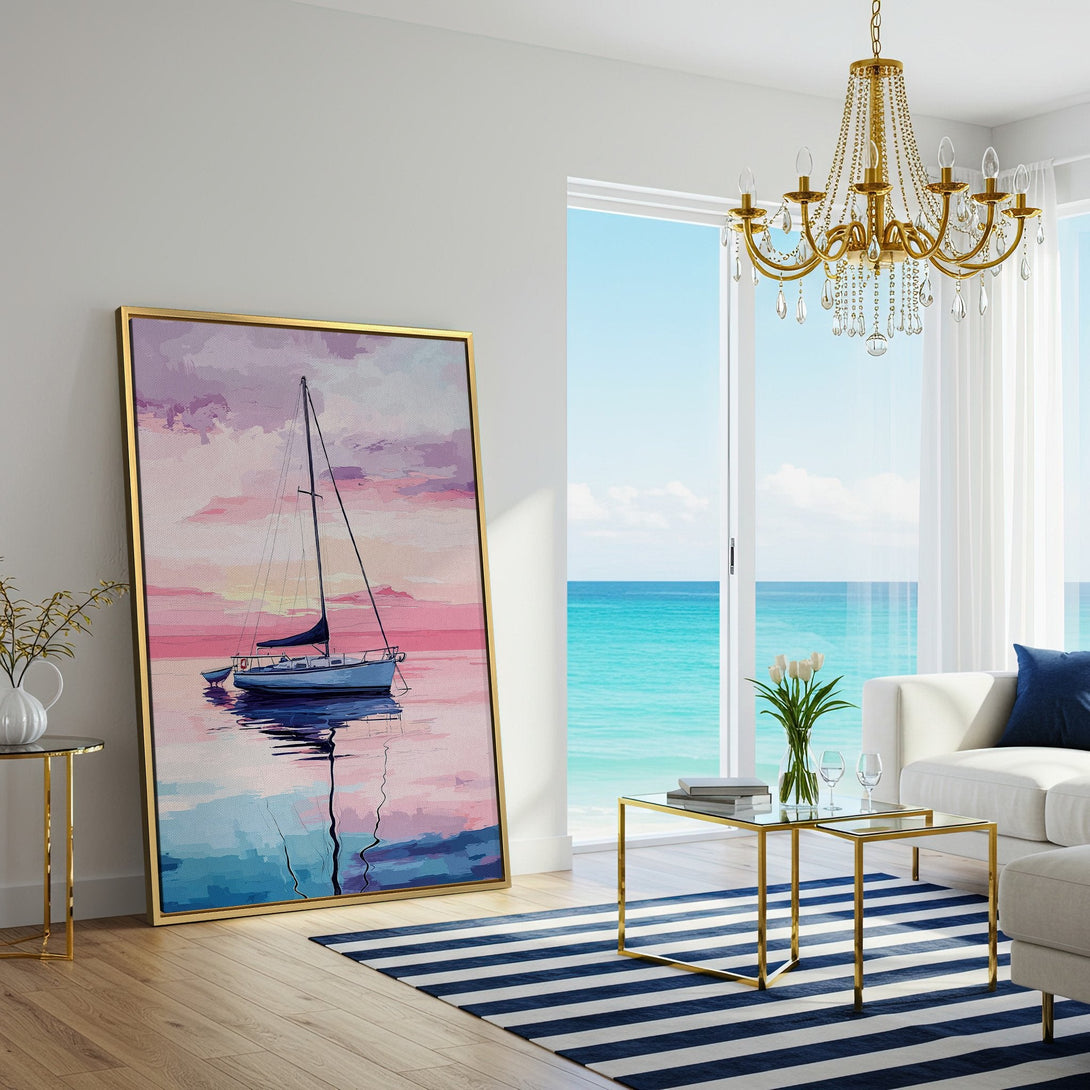 Canvas Print of a sailboat at sunset. Coastal style artwork with pink, blue, and purple hues. Perfect for living room decor.