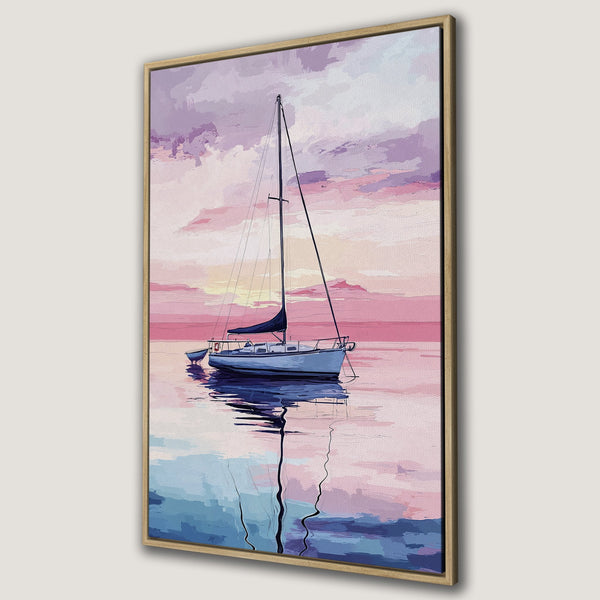 Framed Wall Art: Stunning canvas print of a sailboat at sunset. Features a calming pink and purple color palette, perfect for coastal decor.