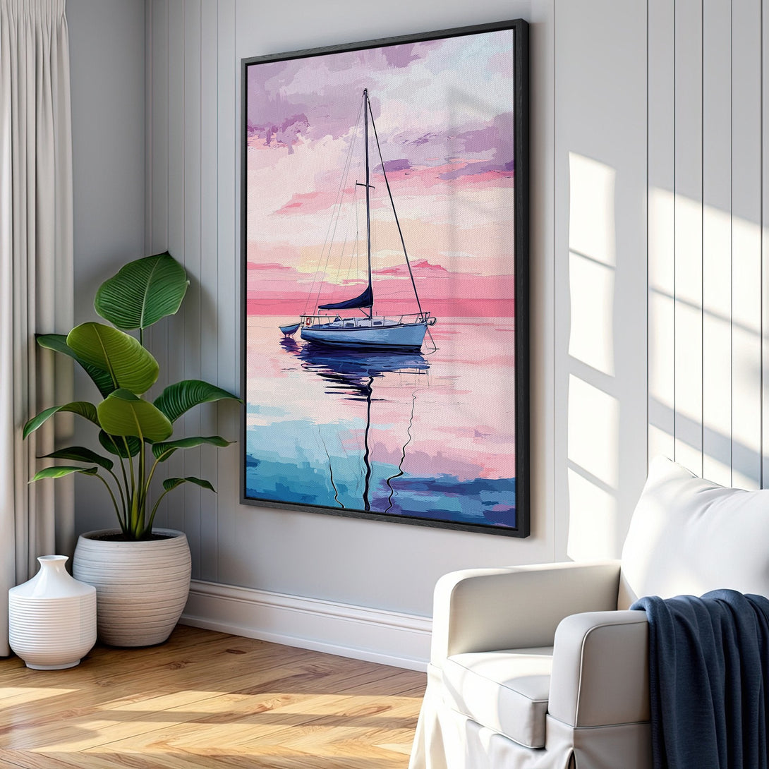 Framed Wall Art: Serene sailboat canvas print in a modern interior. Features a watercolor style with pink, blue, and purple hues. Perfect coastal decor.