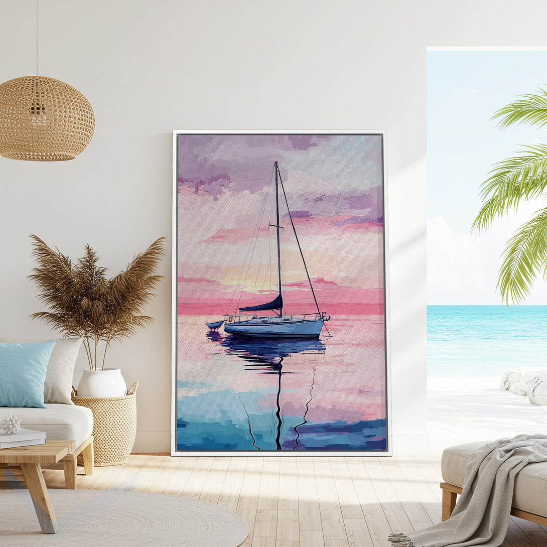 Framed Wall Art: Serene sailboat art print with a pastel pink and blue sunset. Coastal decor for a relaxing vibe. Perfect for any home.