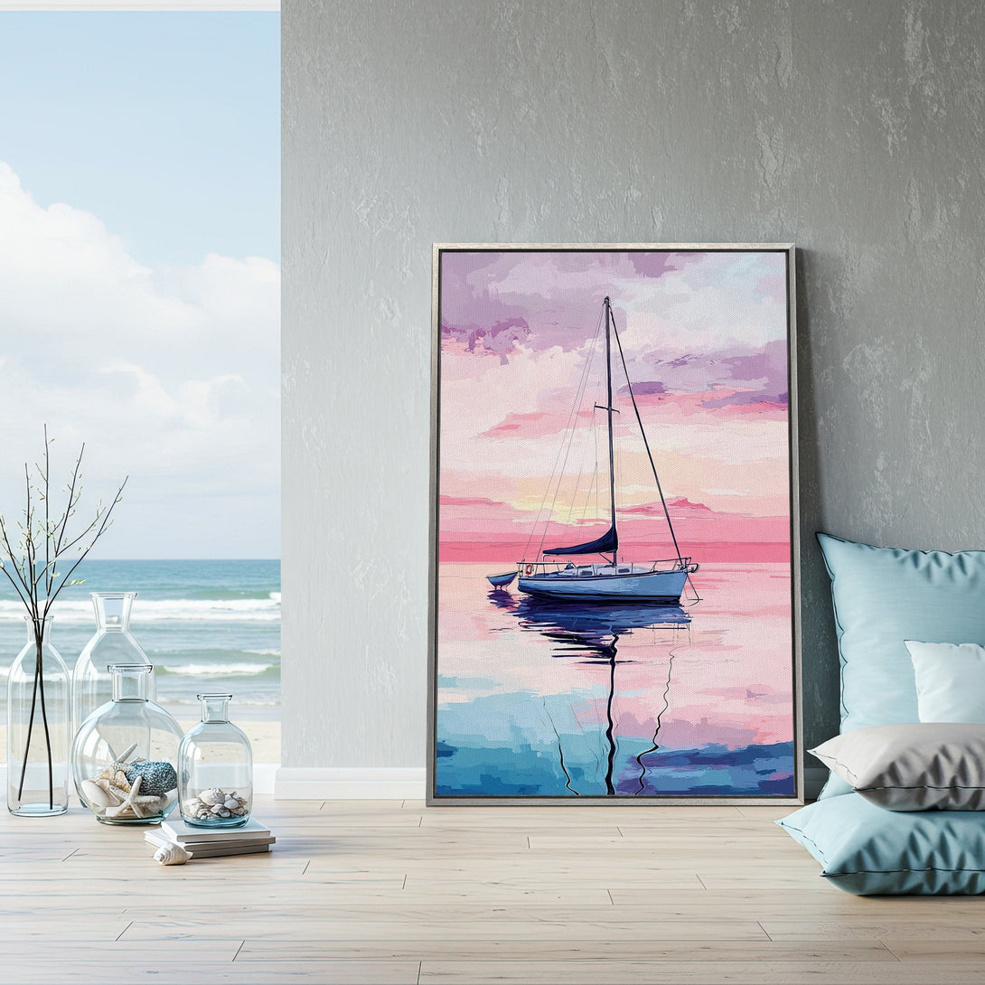 Framed Wall Art: Coastal sailboat painting in a dreamy, impressionistic style. Features a pink, blue, and purple color palette. Perfect for adding a serene touch to any space.