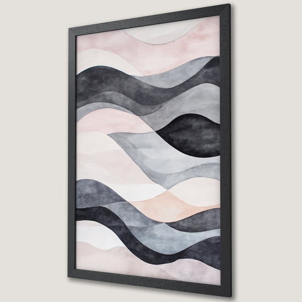 Framed Poster featuring abstract watercolor waves in gray, pink, and black. Modern art print for home decor.