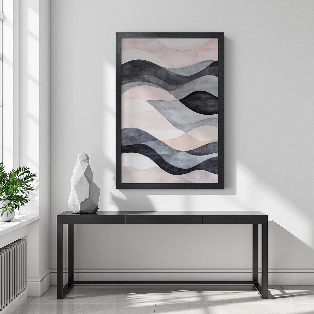 Framed Poster featuring abstract watercolor waves in a neutral palette of pinks, grays, and blacks. Modern art for your home!